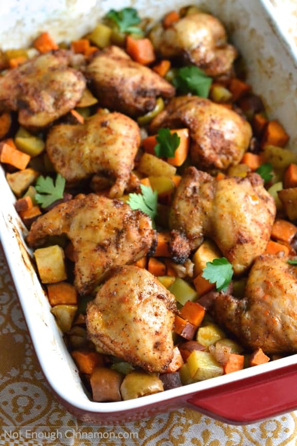 BBQ Spice One Pan Chicken Dinner with Maple Roasted Veggies